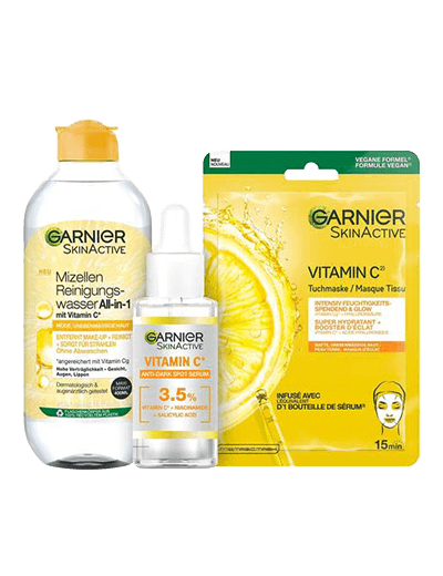 Drei Produkte aus der Garnier SkinActive Vitamin-C-Reihe